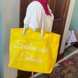 Trina Turk   Beach bag  Tote  canvas  Bright Yellow  white rope handles NWT